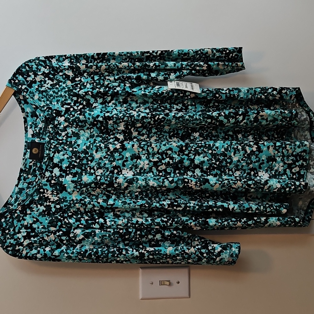 JM COLLECTION Painterky Pearl Teal Evergreen Tunic Blouse/Top Size SM